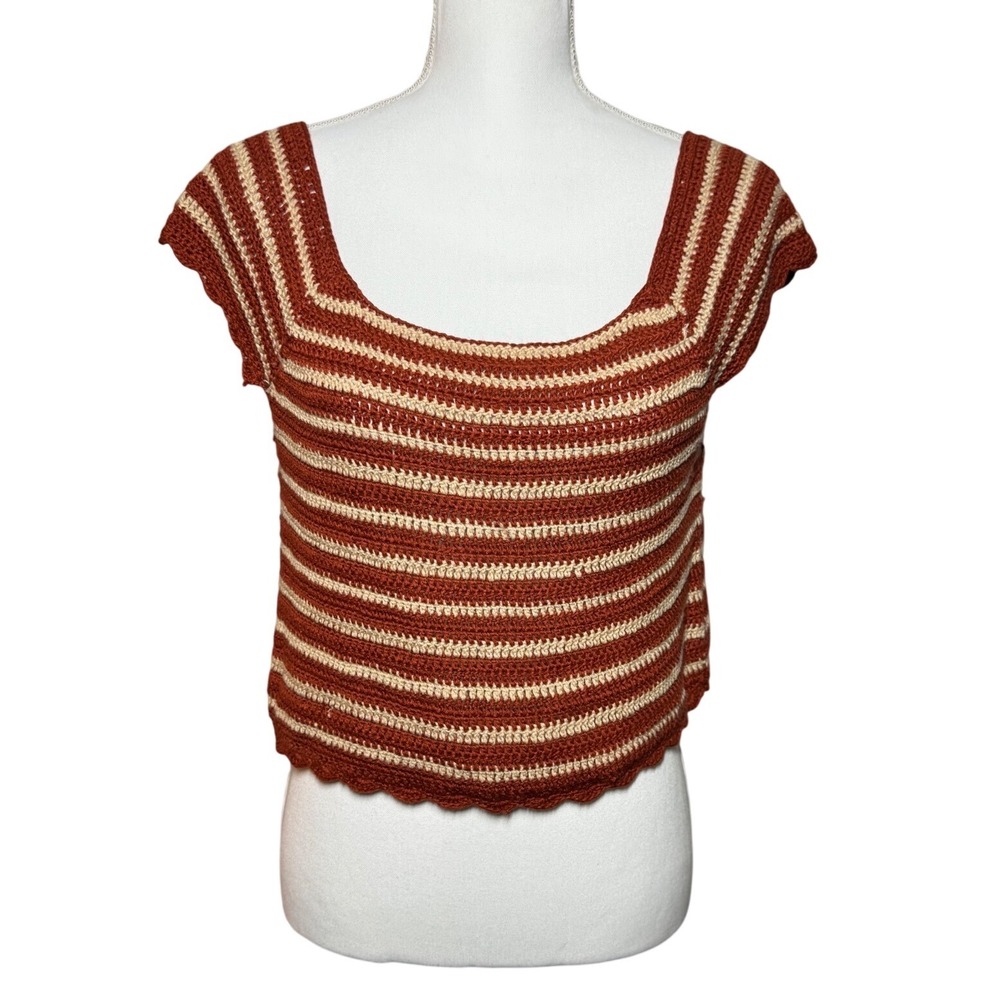 Blue Rain Crochet Striped Top L Rust Orange Cream Boho Square Neck